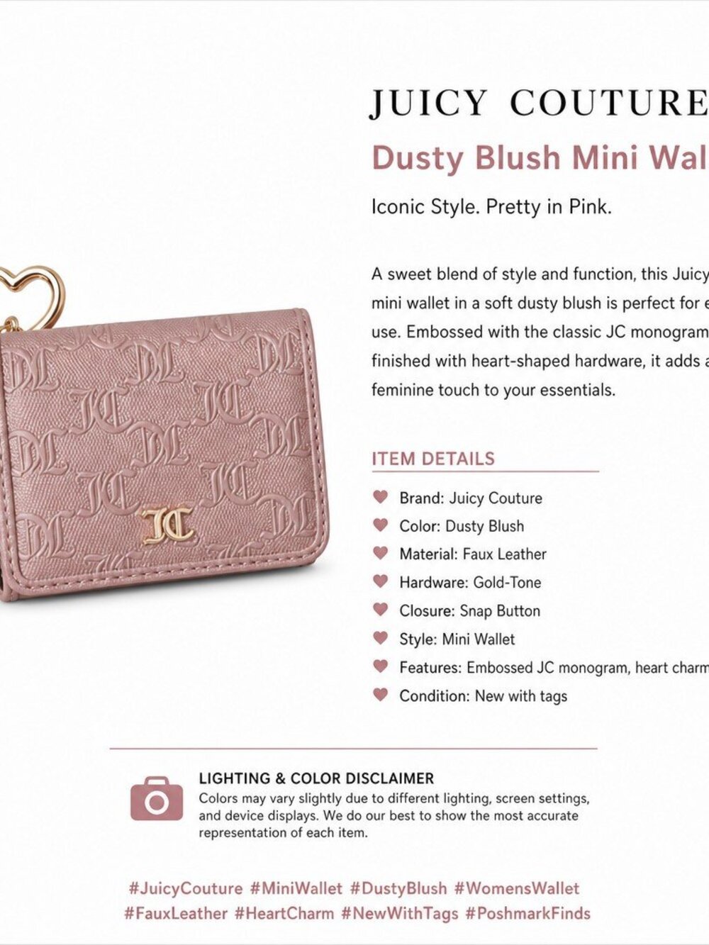Juicy Couture Dusty Blush Wallet – Gold Logo Keychain & Bow Charm